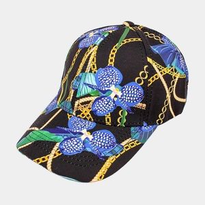 Blue black flower gold chain patterned adjustable baseball hat